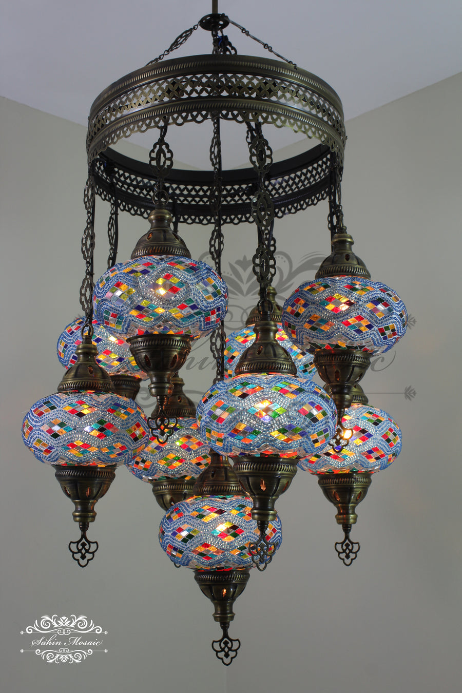 9-BALL TURKISH SULTAN MOSAIC CHANDELIER WITH NO3 (LARGE) GLOBES