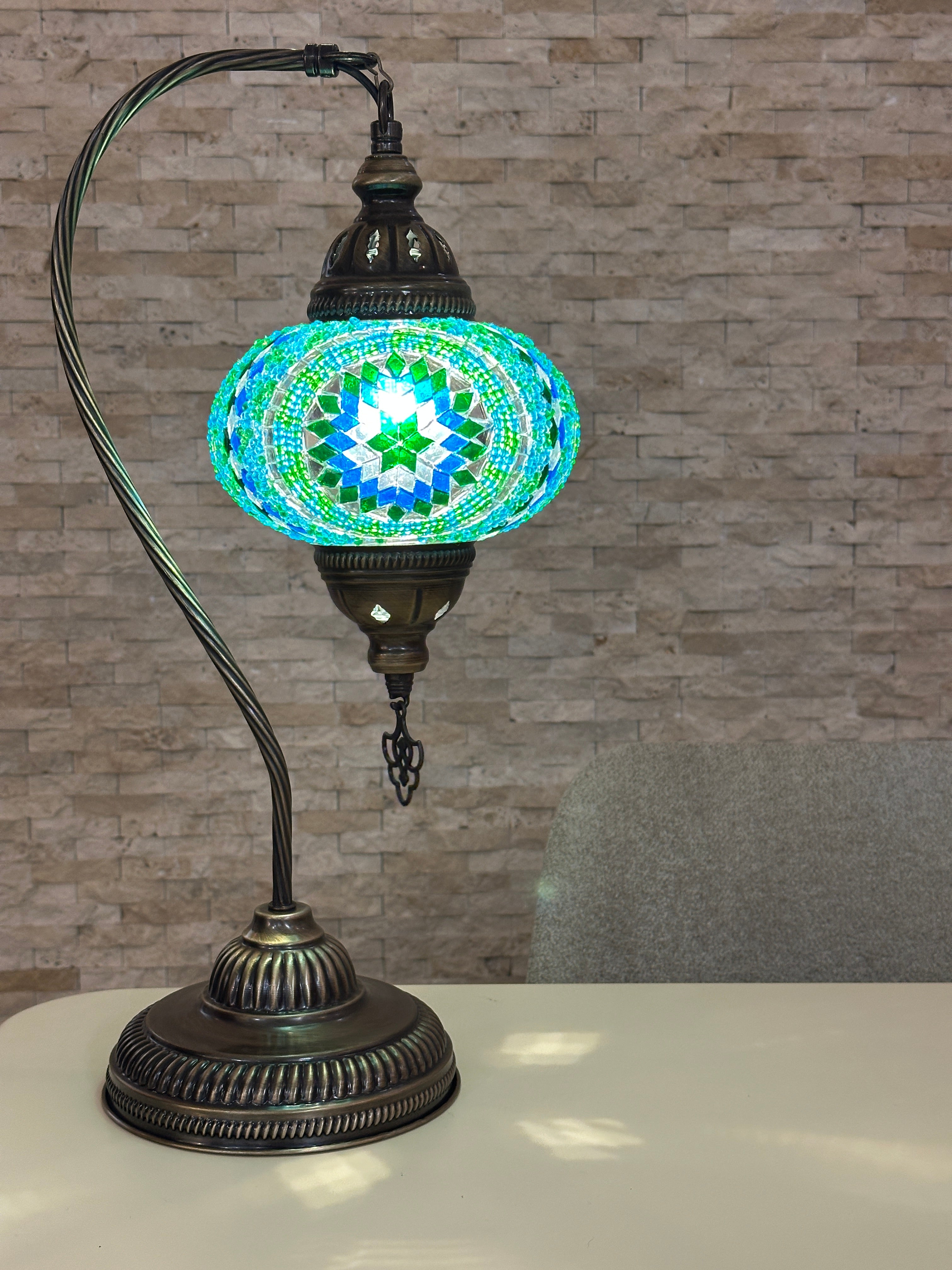 Handcrafted Turkish Mosaic Goose Neck Lamp - Large Globe - ID: GL-MAIN