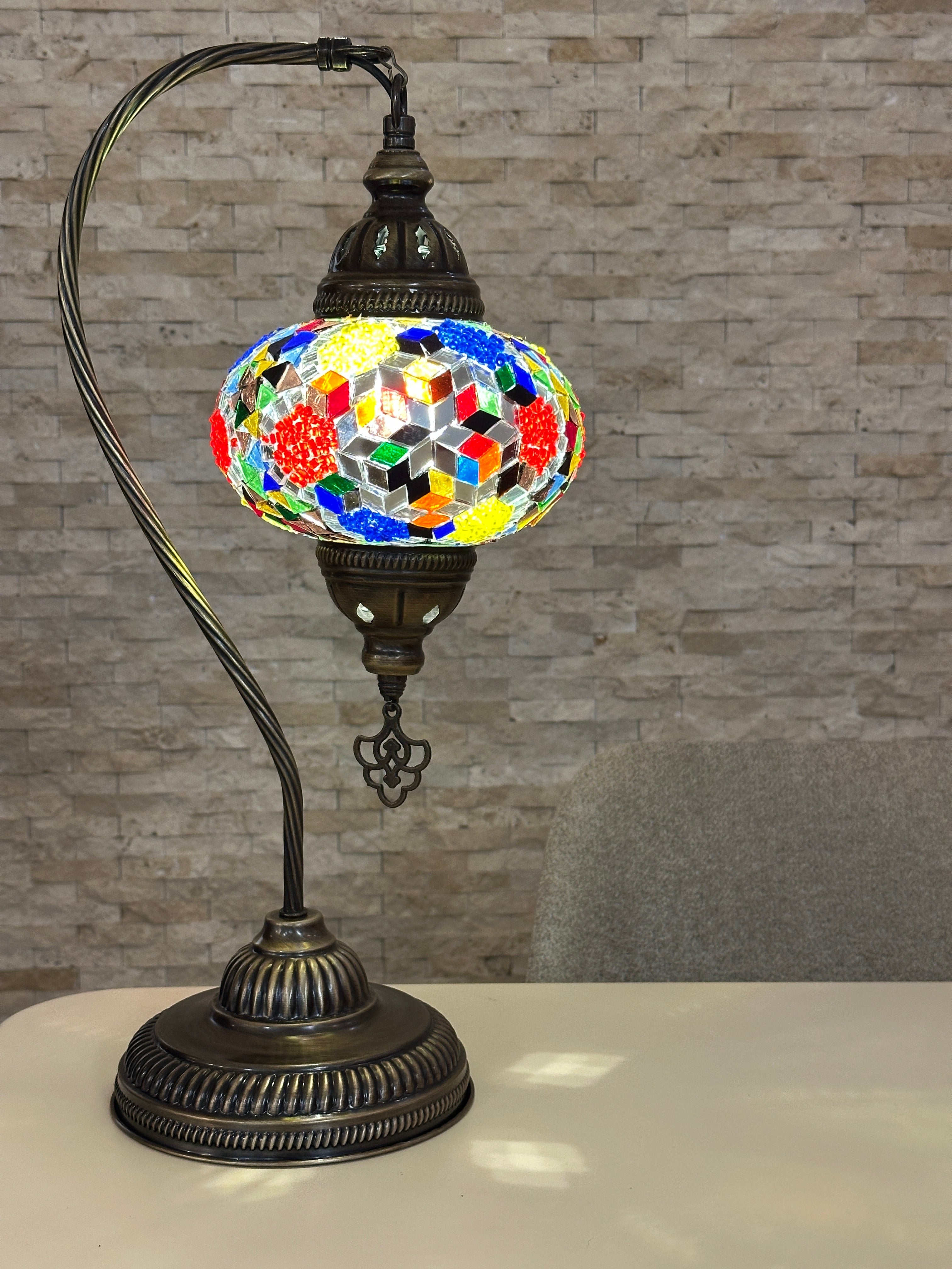 Handcrafted Turkish Mosaic Goose Neck Lamp - Large Globe - ID: GL-MAIN