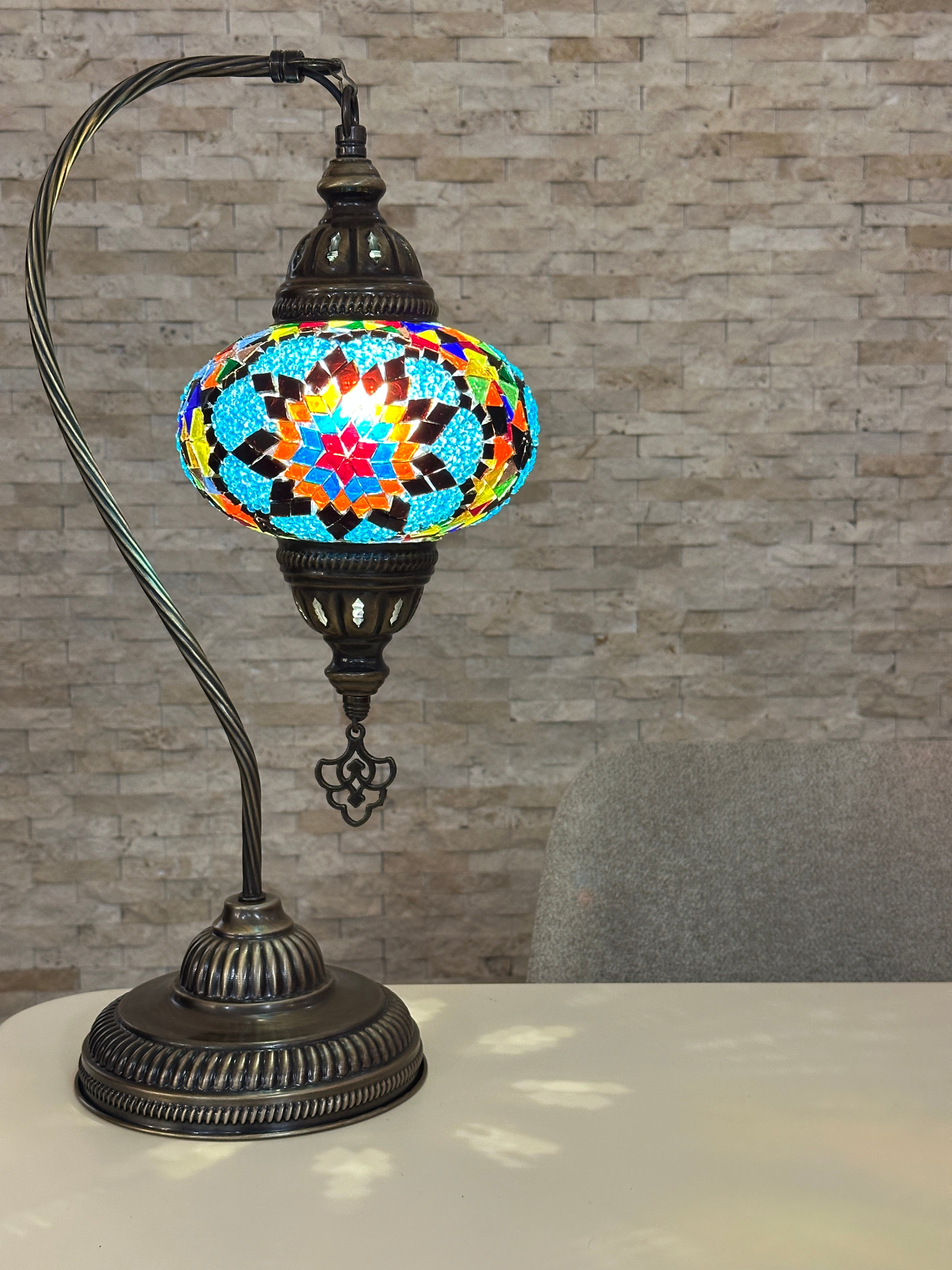 Handcrafted Turkish Mosaic Goose Neck Lamp - Large Globe - ID: GL-MAIN