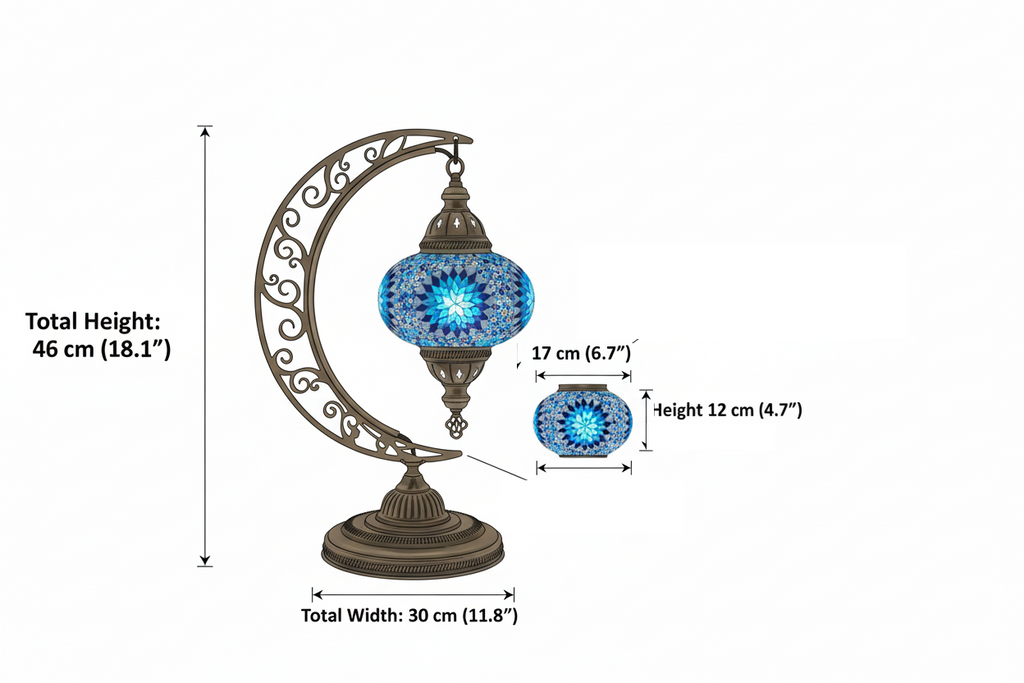 Crescent Moon Turkish Mosaic Table Lamp - Handcrafted Stained Glass Accent Light id: hilal