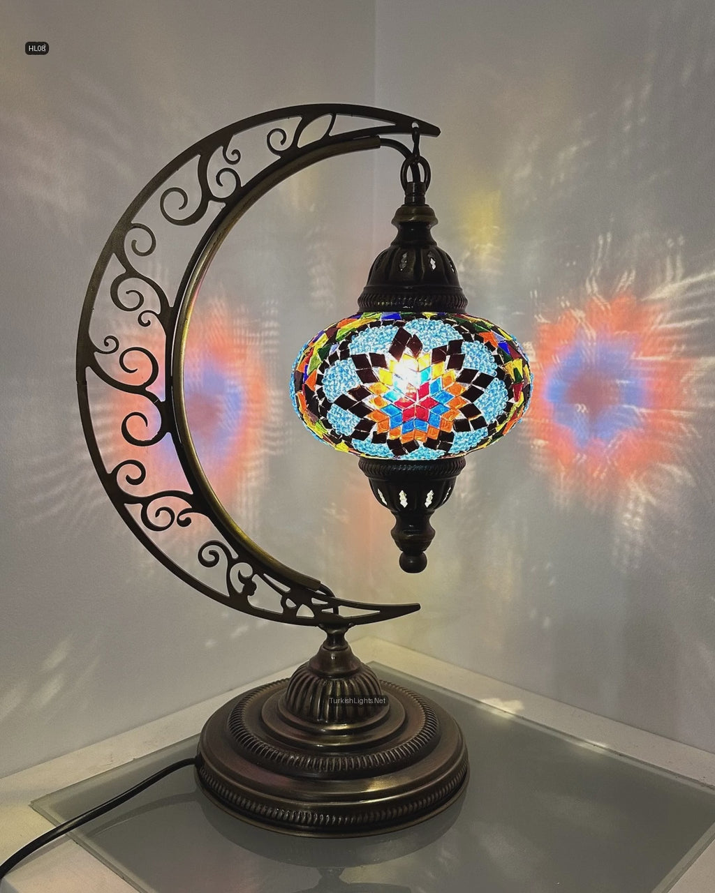 Crescent Moon Turkish Mosaic Table Lamp - Handcrafted Stained Glass Accent Light id: hilal (kare))