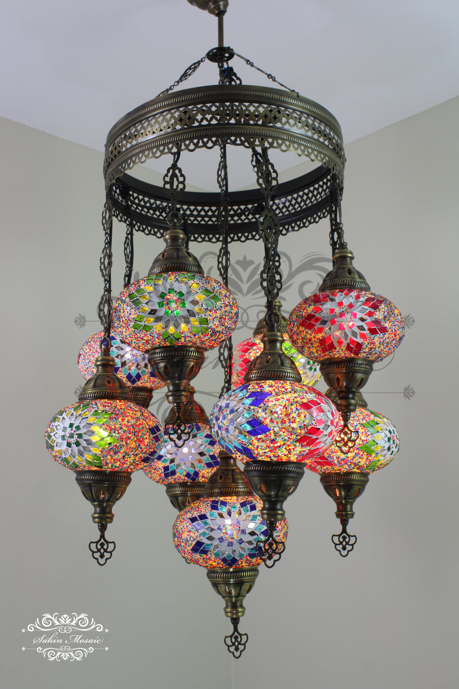 9-BALL TURKISH SULTAN MOSAIC CHANDELIER WITH NO3 (LARGE) GLOBES