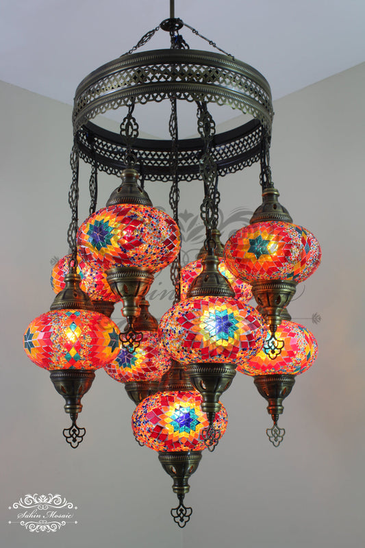 9-BALL TURKISH SULTAN MOSAIC CHANDELIER WITH NO3 (LARGE) GLOBES