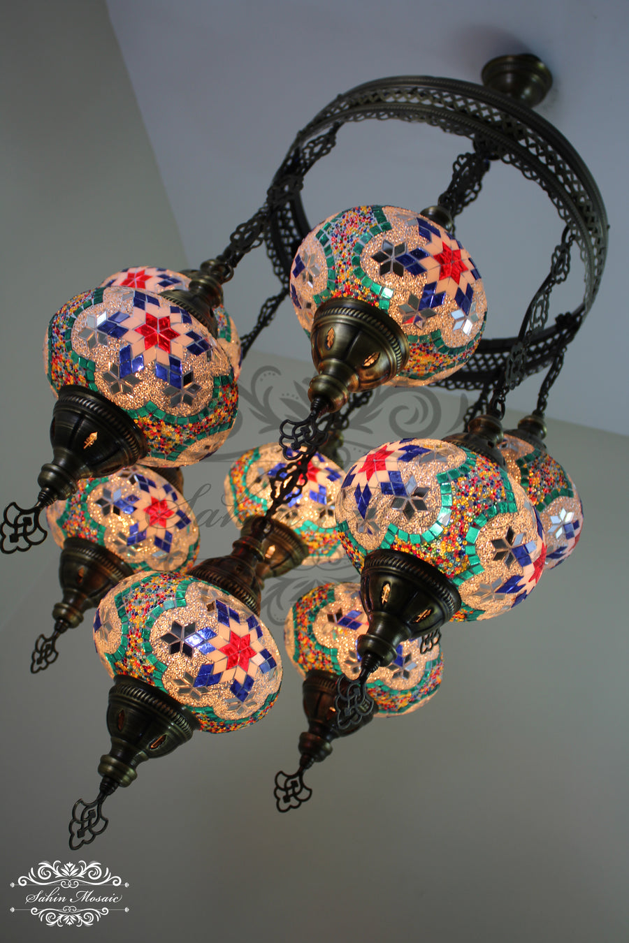 9-BALL TURKISH SULTAN MOSAIC CHANDELIER WITH NO3 (LARGE) GLOBES