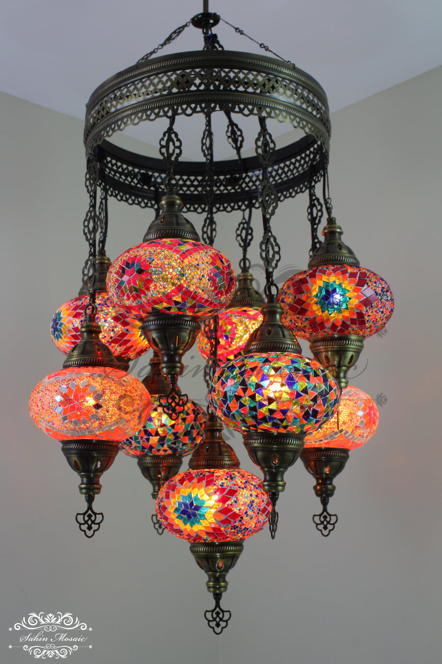 9-BALL TURKISH SULTAN MOSAIC CHANDELIER WITH NO3 (LARGE) GLOBES