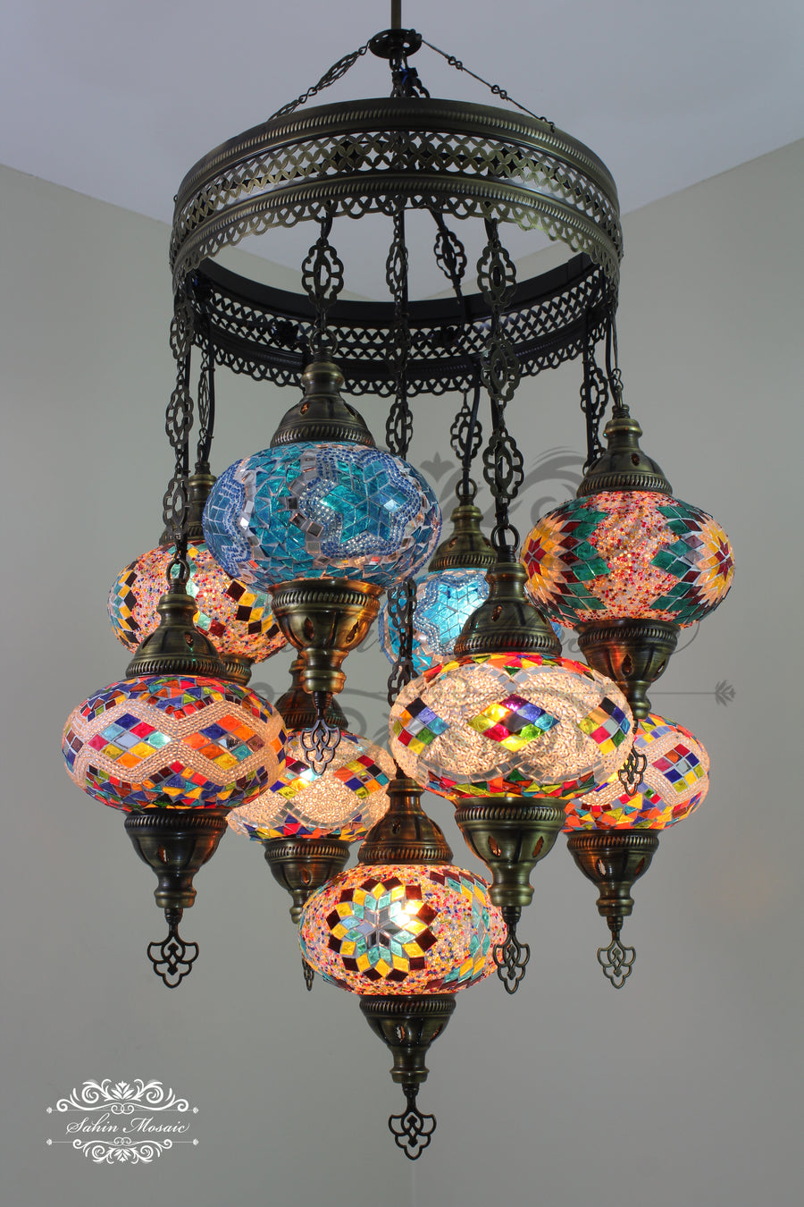 9-BALL TURKISH SULTAN MOSAIC CHANDELIER WITH NO3 (LARGE) GLOBES